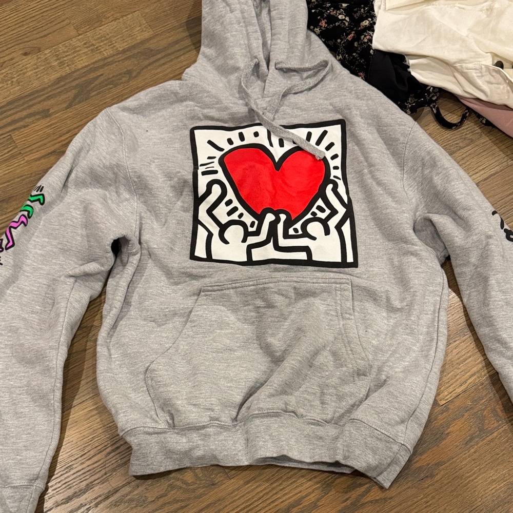 Gray Hoodie with Red Heart Design